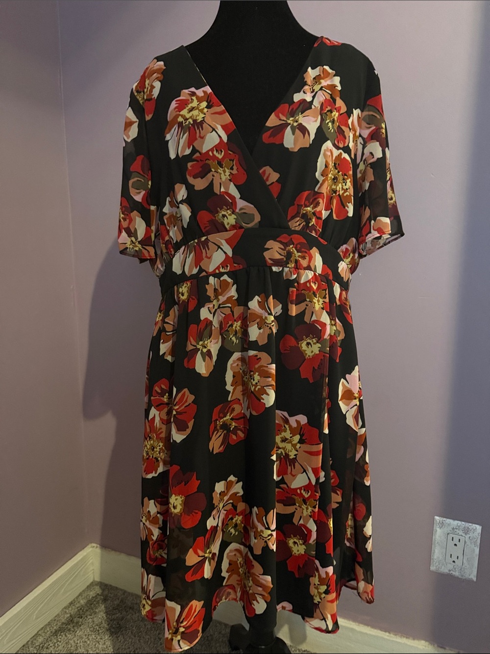 Madewell Size 12 Floral Wrap-Style Black Dress with Red & Cream Blooms